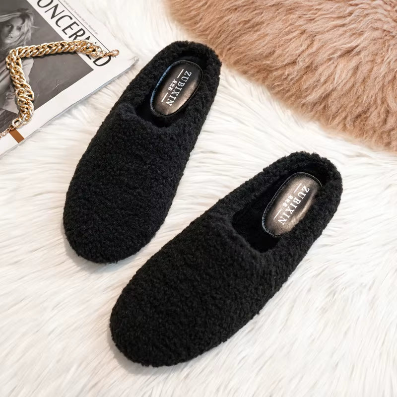 Luxury Lambwool Moccasins Femme Winter Cotton Shoes Women Warm Plush Loafers Comfy Curly Sheep Fur Flats Woman Large Size 40-43