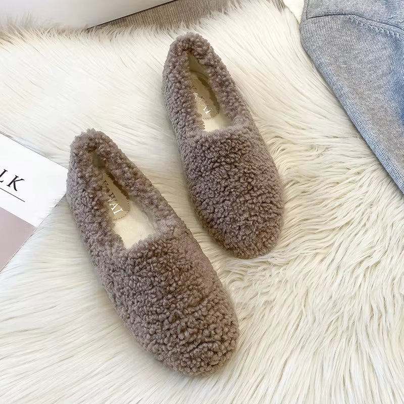 Luxury Lambwool Moccasins Femme Winter Cotton Shoes Women Warm Plush Loafers Comfy Curly Sheep Fur Flats Woman Large Size 40-43