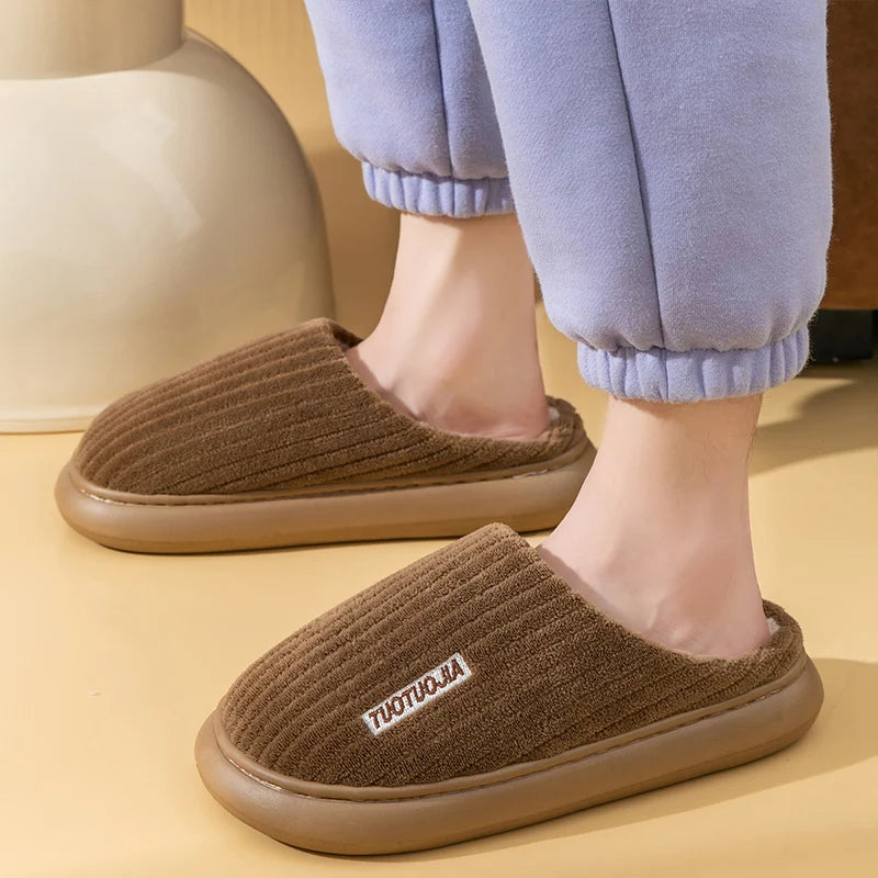 Couple Slippers Indoor Stripe Fluff Memory Foam Fluffy Eva Anti-Skid Soft Heel Non Slip Plush Slippers Women'S Winter Houseshoes