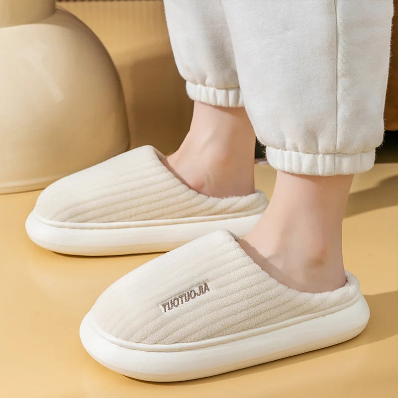 Couple Slippers Indoor Stripe Fluff Memory Foam Fluffy Eva Anti-Skid Soft Heel Non Slip Plush Slippers Women'S Winter Houseshoes