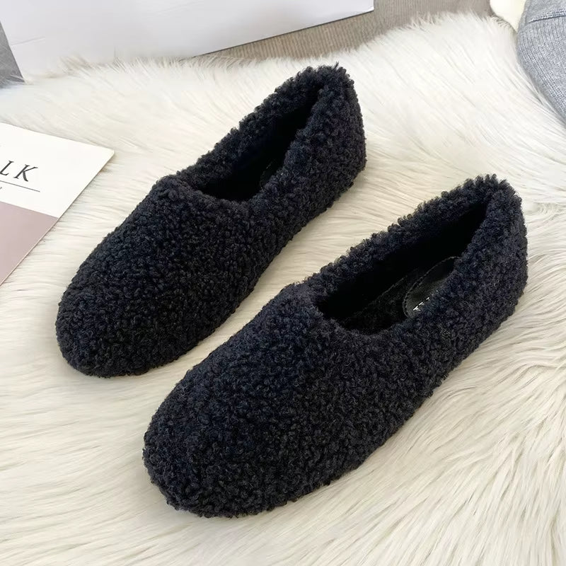 Luxury Lambwool Moccasins Femme Winter Cotton Shoes Women Warm Plush Loafers Comfy Curly Sheep Fur Flats Woman Large Size 40-43